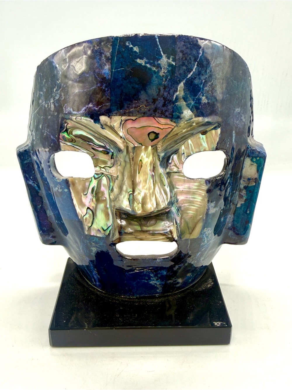 VTG Aztec Death Mask Sculpture Blue Jasper Gem & Abalone, Handmade On Stone Base